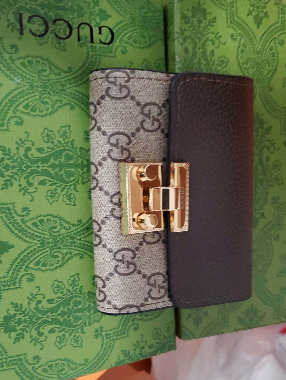 Gucci Beige Monogram & Brown Wallet with Gold Hardware